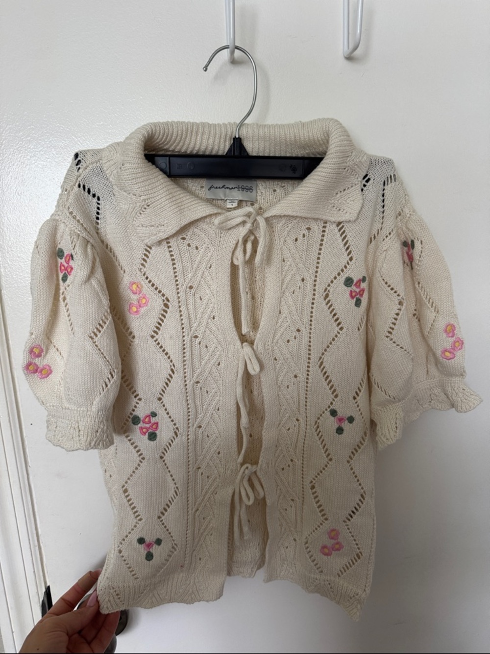 Cream Embroidered Tie-Front Knit Cardigan